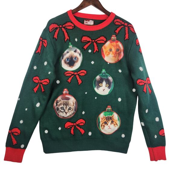 Party Sweater Dec 25 Ugly Christmas Sweater Unisex L Green/Red Cat Ornaments - Picture 1 of 15